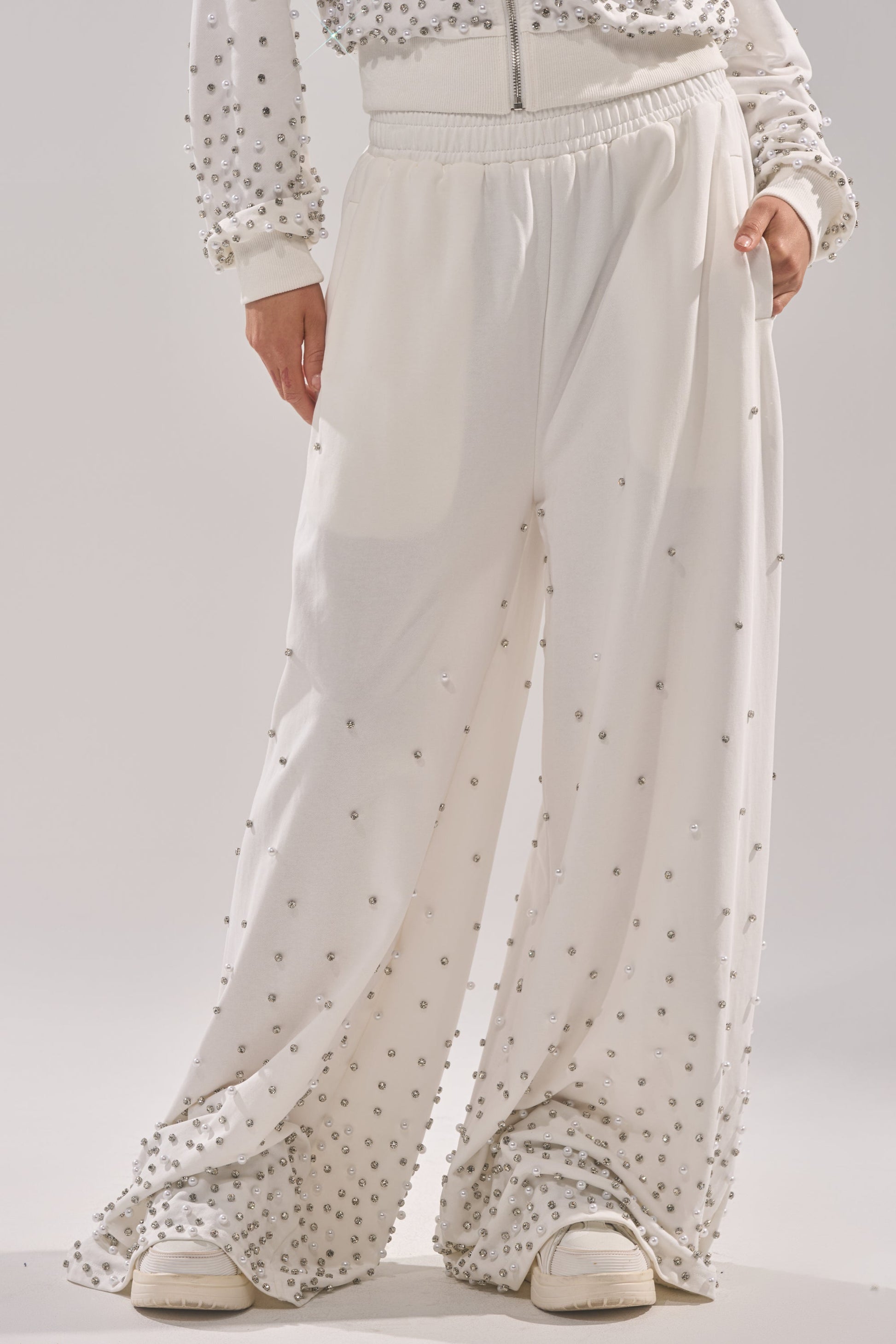 ALL IN WHITE RHINESTONE WIDE LEG JOGGER
