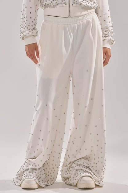 ALL IN WHITE RHINESTONE WIDE LEG JOGGER