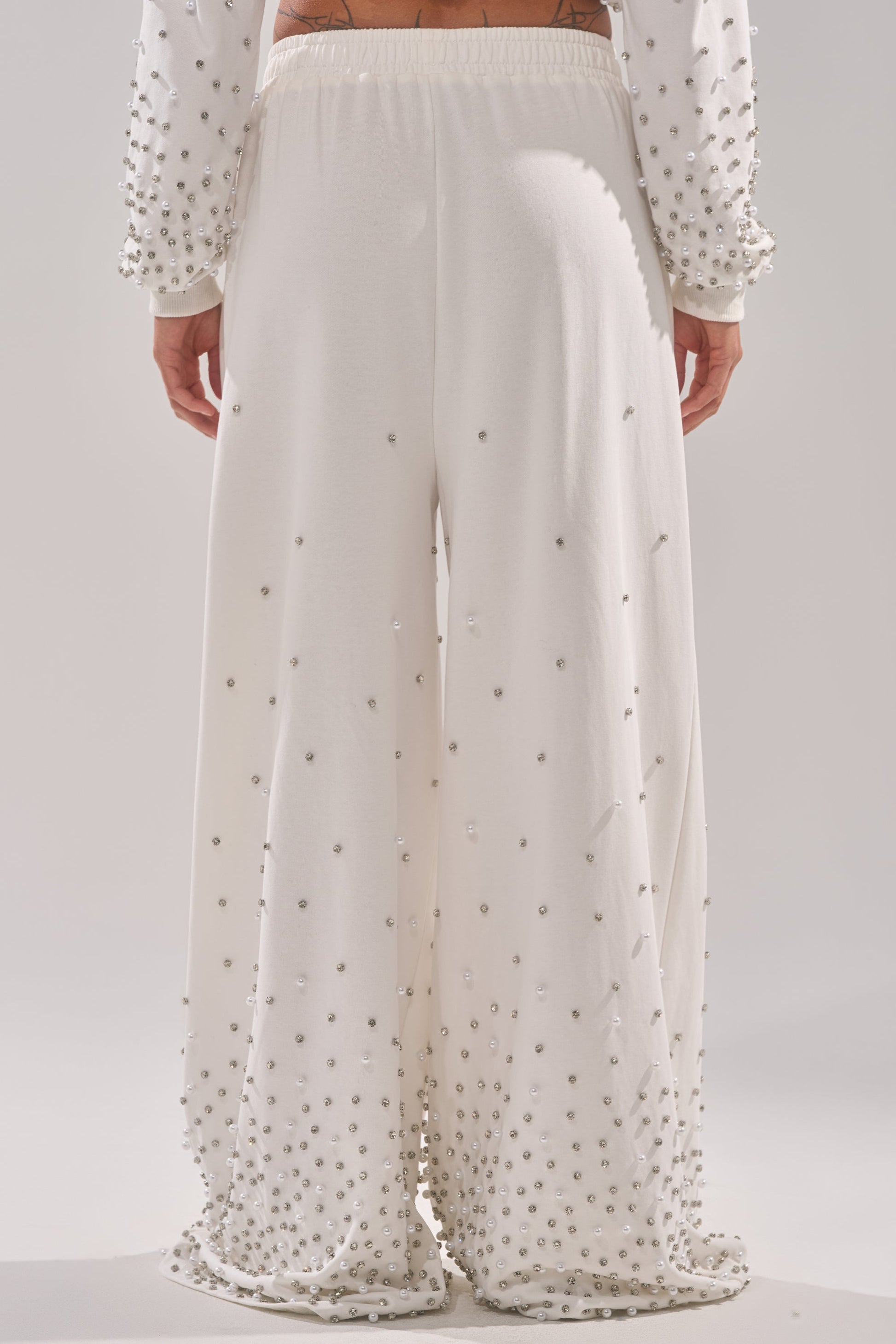 ALL IN WHITE RHINESTONE WIDE LEG JOGGER