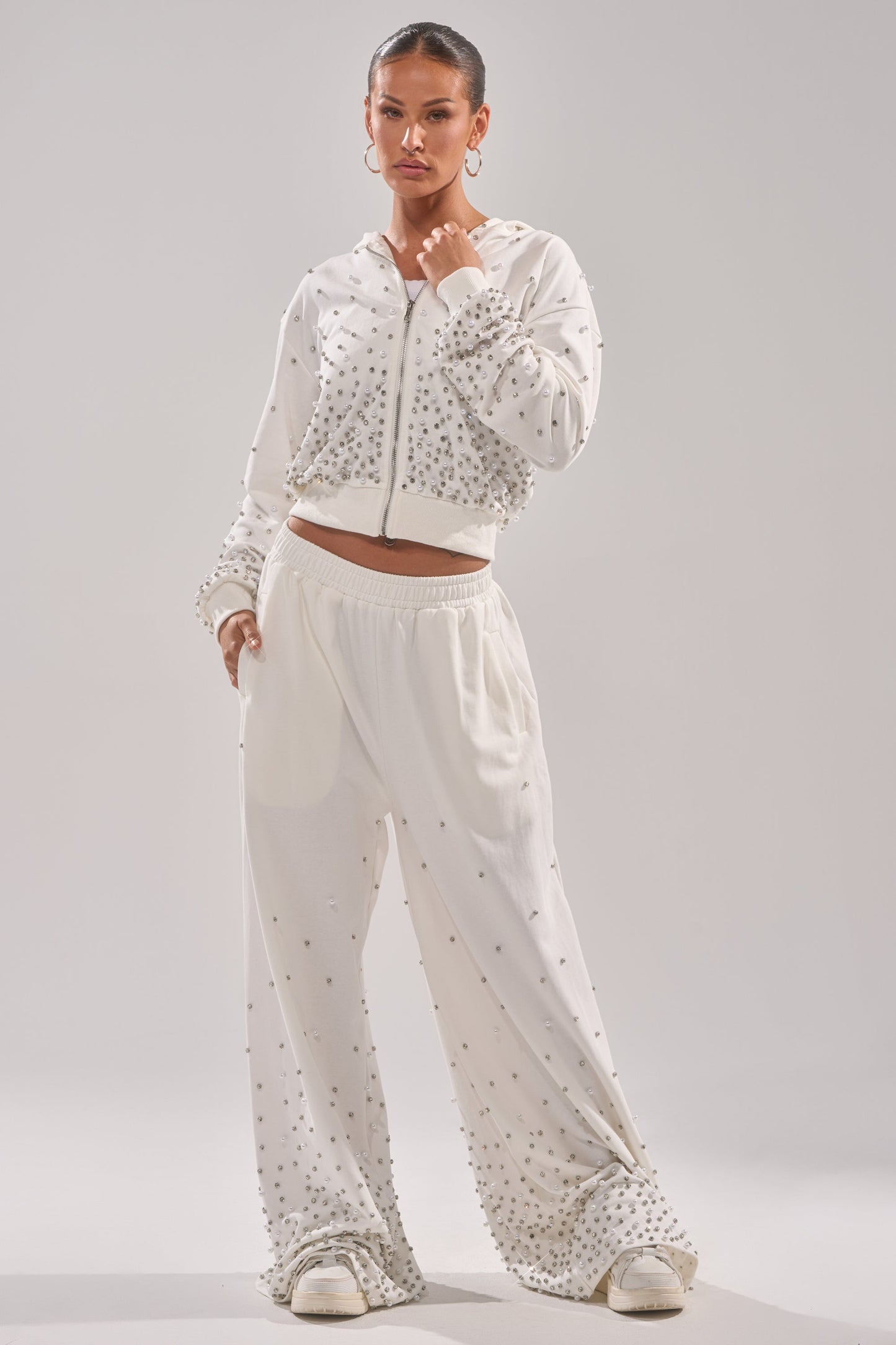 ALL IN WHITE RHINESTONE WIDE LEG JOGGER