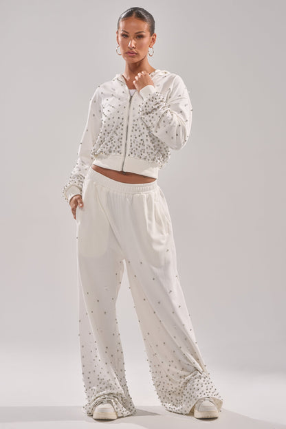 ALL IN WHITE RHINESTONE WIDE LEG JOGGER