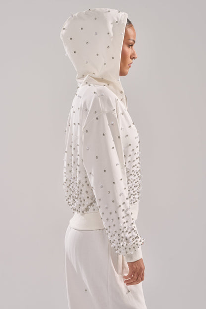 ALL IN WHITE RHINESTONE ZIP UP SWEATSHIRT