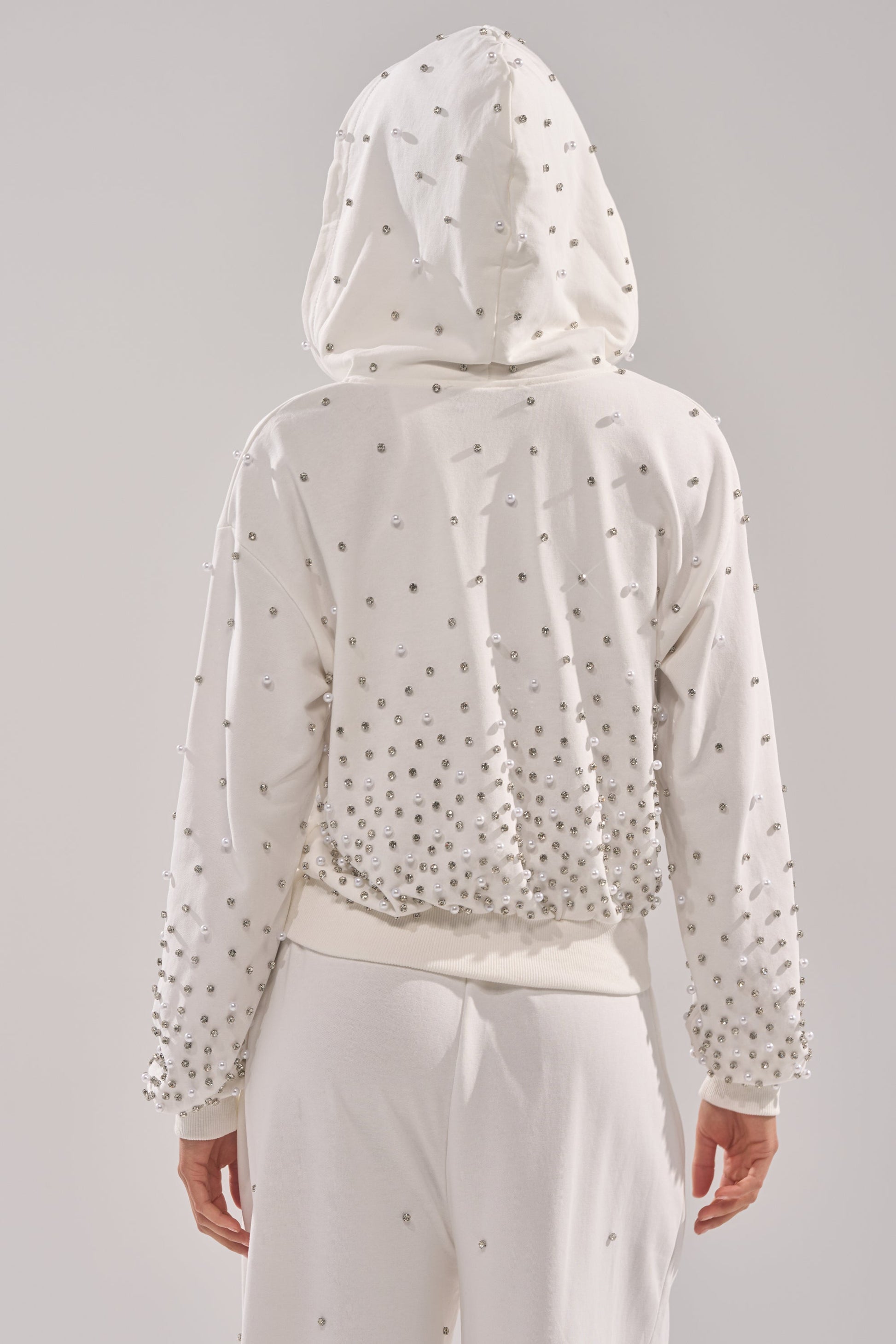 ALL IN WHITE RHINESTONE ZIP UP SWEATSHIRT