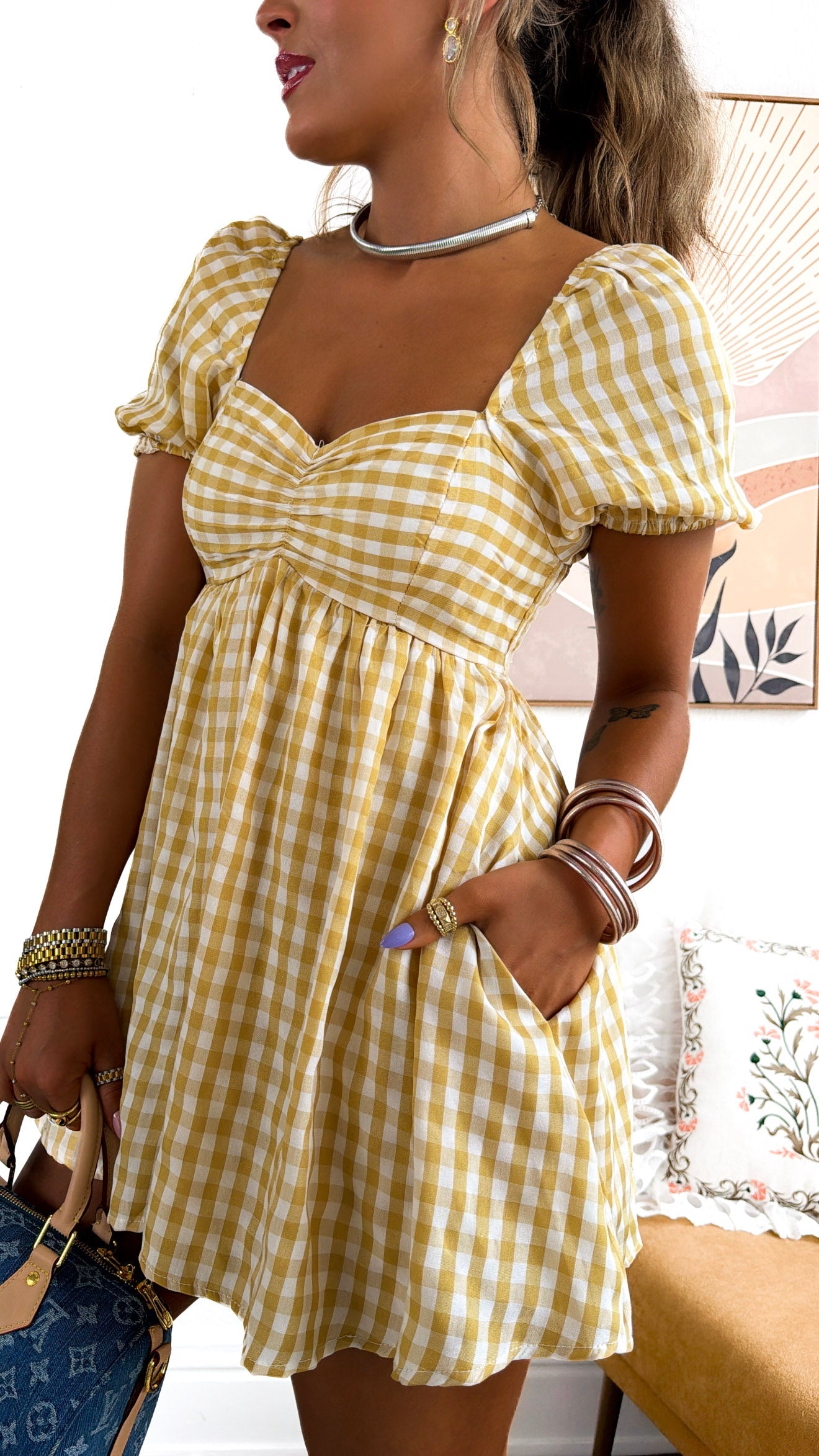 Picnic Date Gingham Romper, Yellow Multi