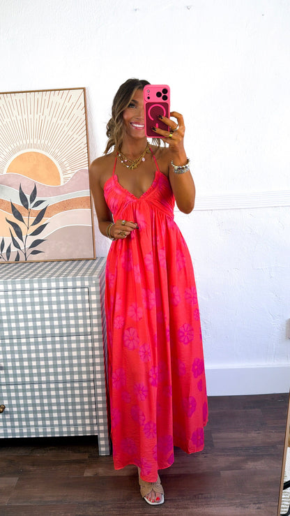 Panama Floral Halter Neck Dress, Red Orange