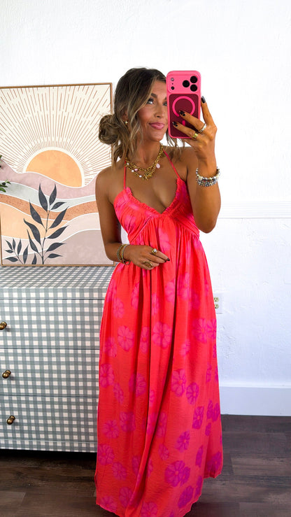 Panama Floral Halter Neck Dress, Red Orange