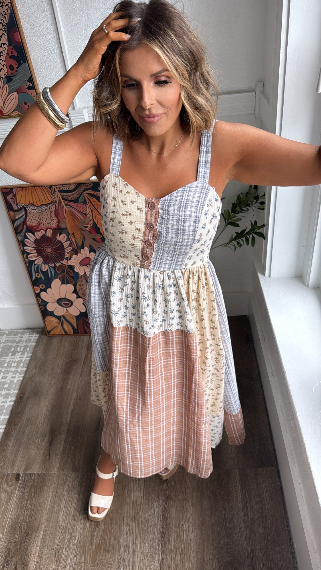 Patchwork Blooms Midi Dress, Ivory