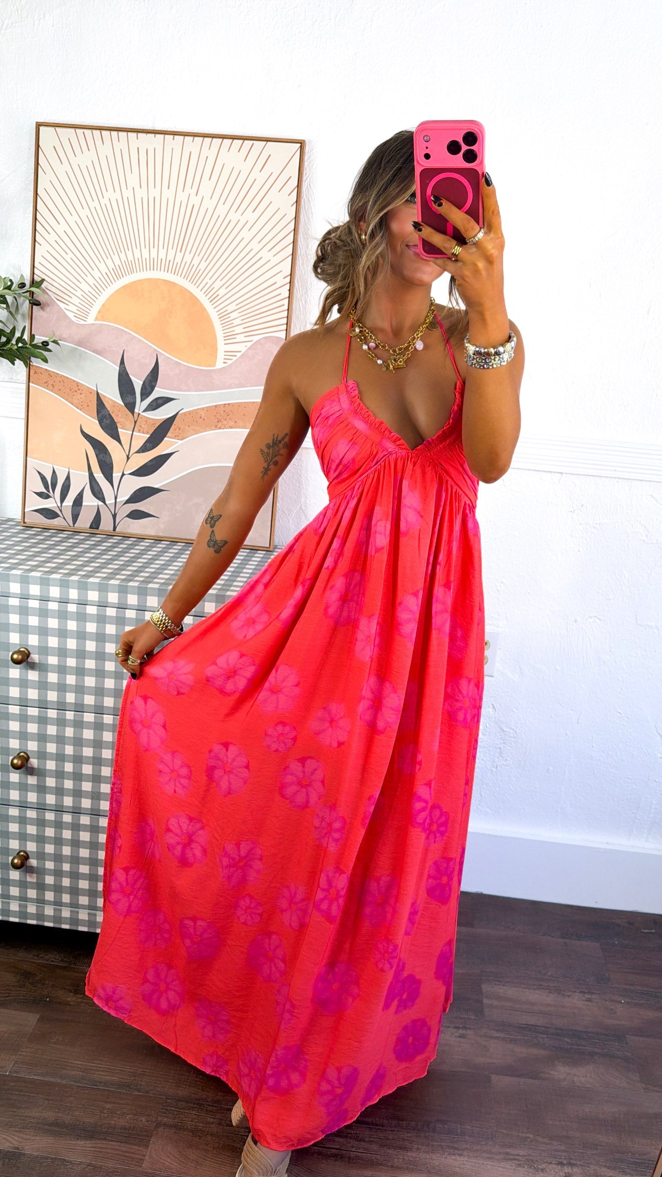 Panama Floral Halter Neck Dress, Red Orange