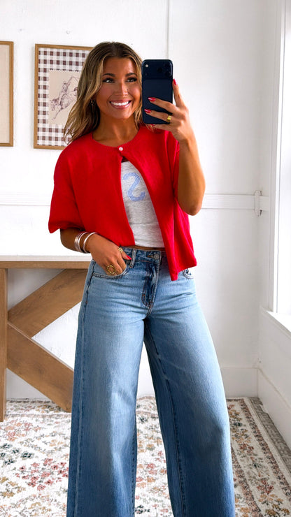 Eyelet Knit Cardigan, Red