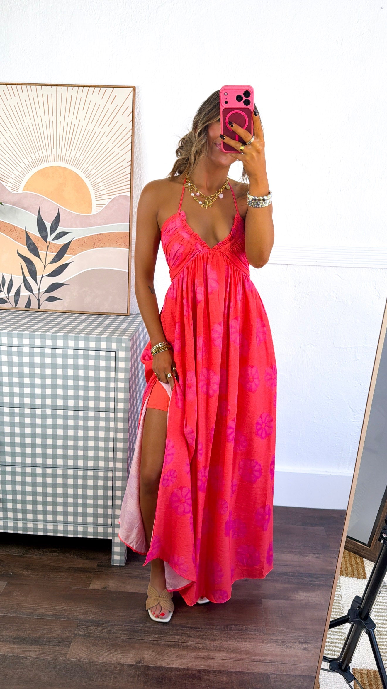 Panama Floral Halter Neck Dress, Red Orange