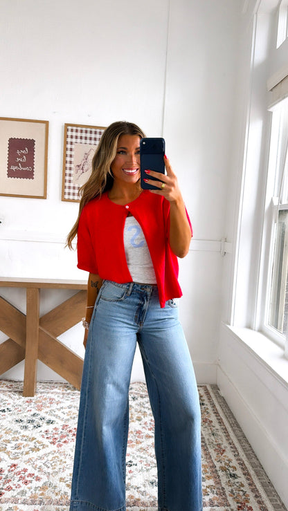 Eyelet Knit Cardigan, Red