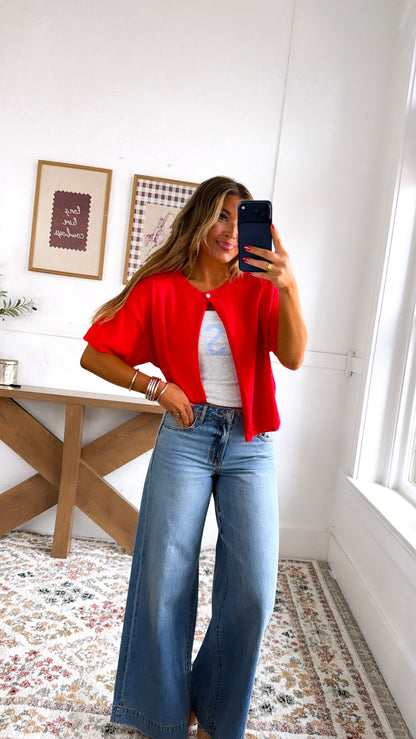 Eyelet Knit Cardigan, Red
