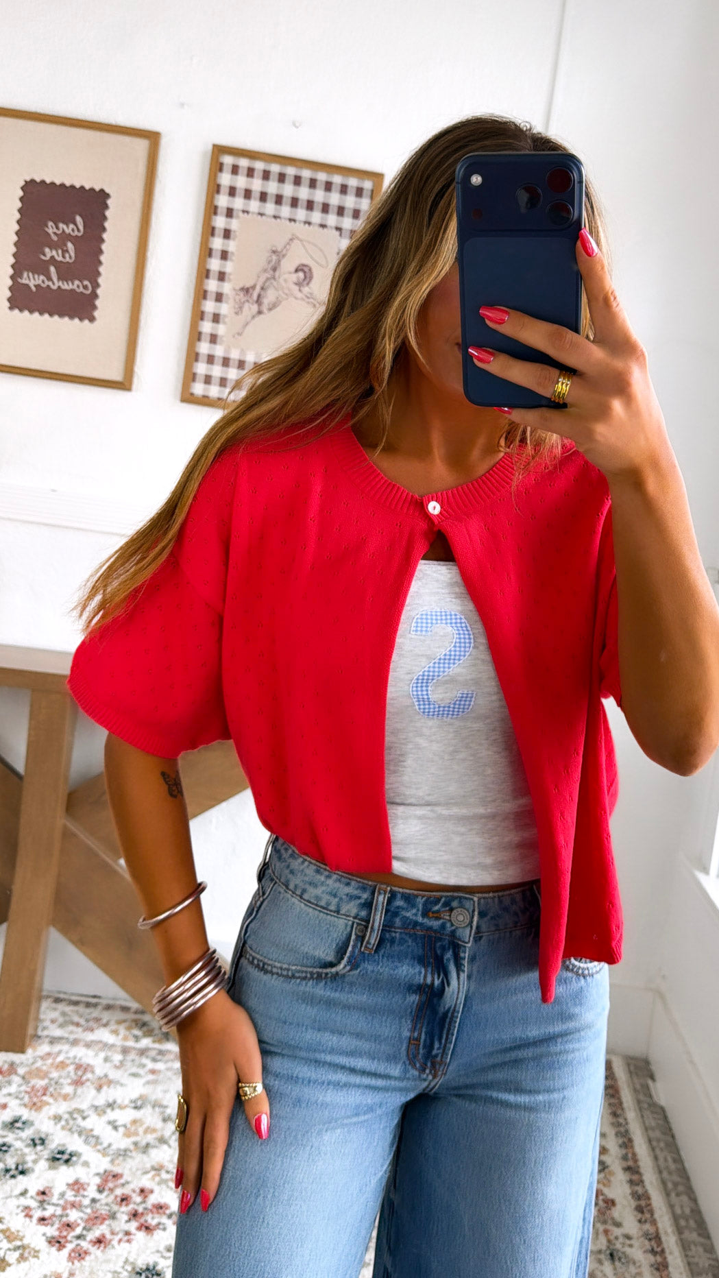 Eyelet Knit Cardigan, Red