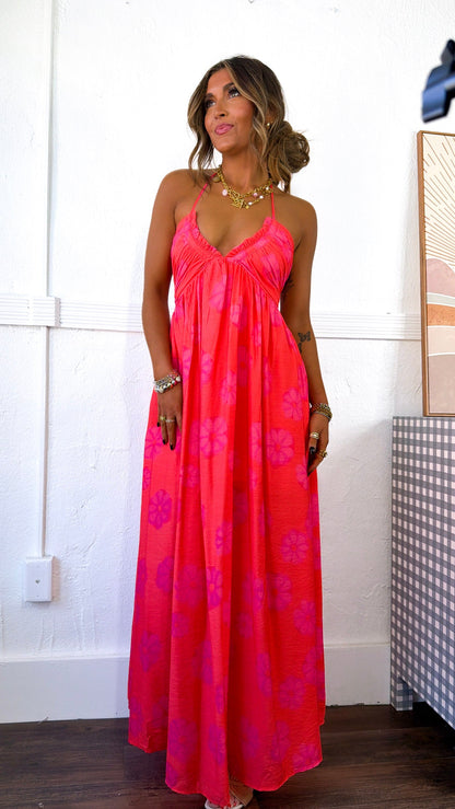Panama Floral Halter Neck Dress, Red Orange
