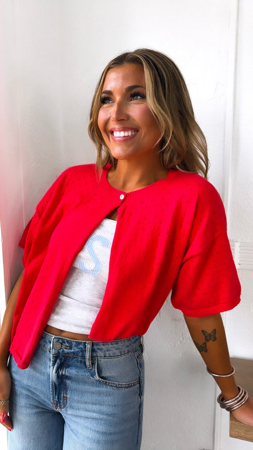 Eyelet Knit Cardigan, Red