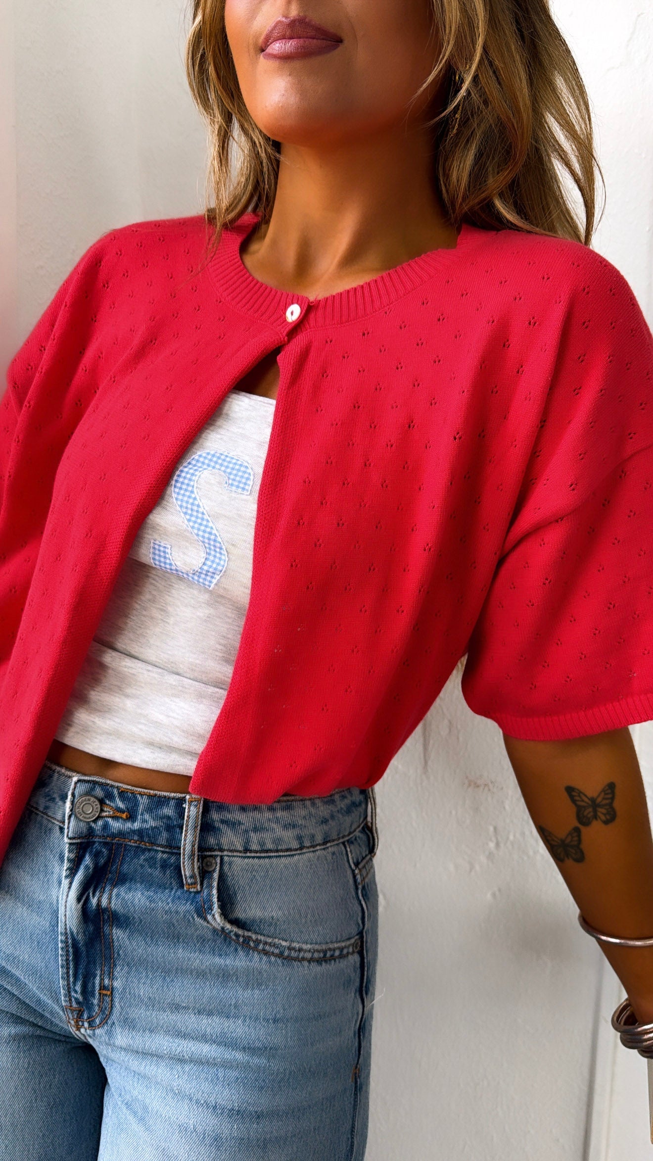 Eyelet Knit Cardigan, Red