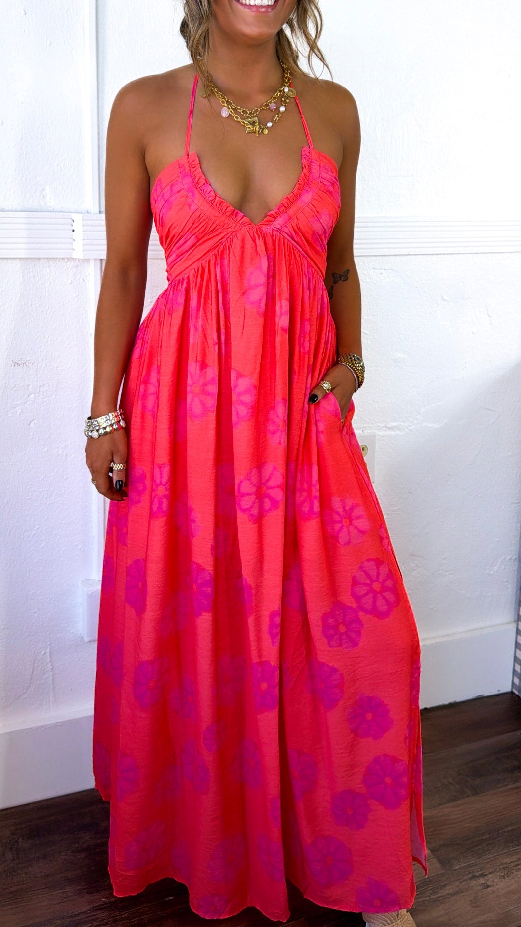 Panama Floral Halter Neck Dress, Red Orange