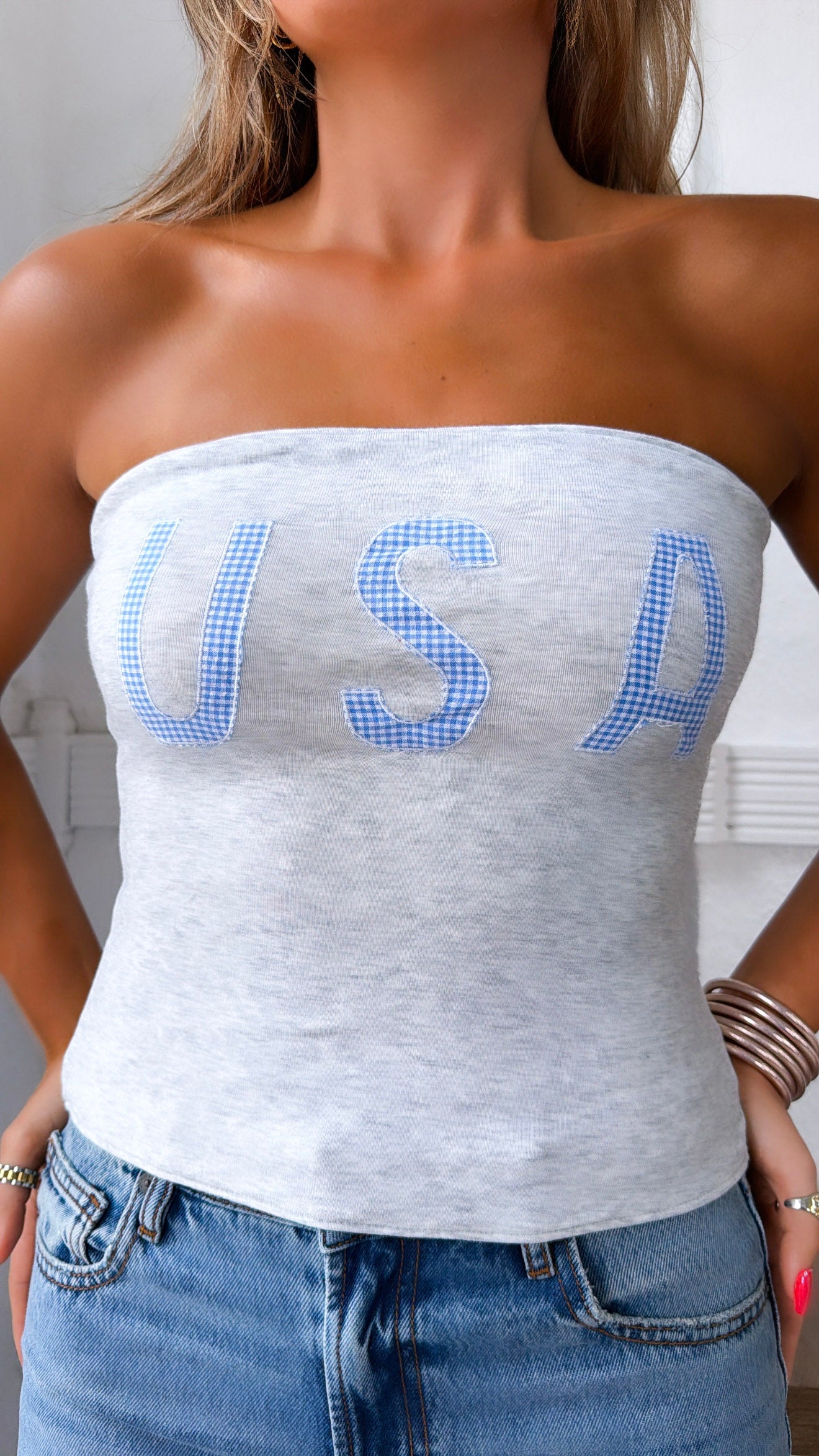 Gingham USA Tube Top, Lt.Grey