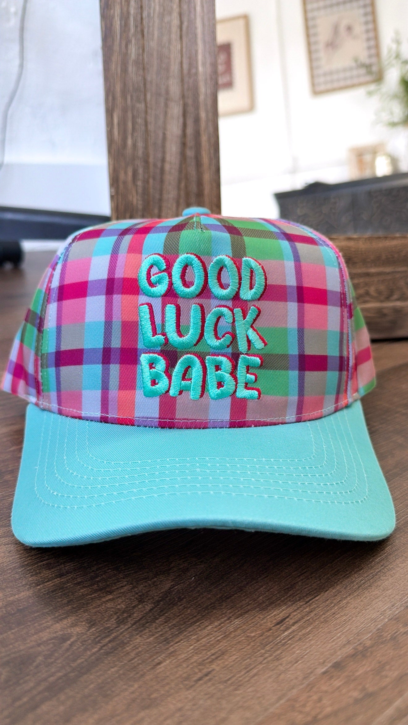 Good Luck Babe Canvas Plaid Trucker Hat