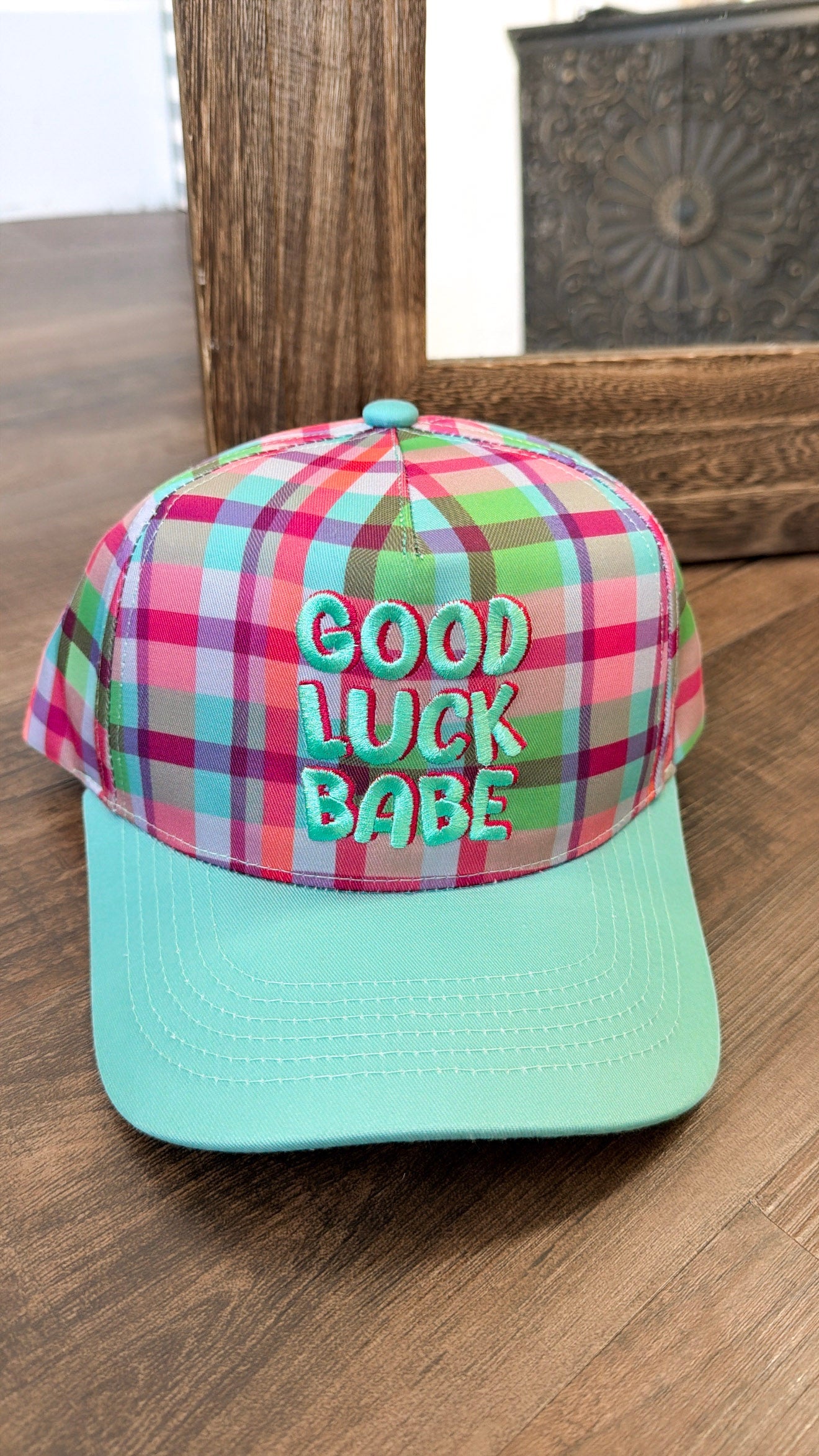 Good Luck Babe Canvas Plaid Trucker Hat