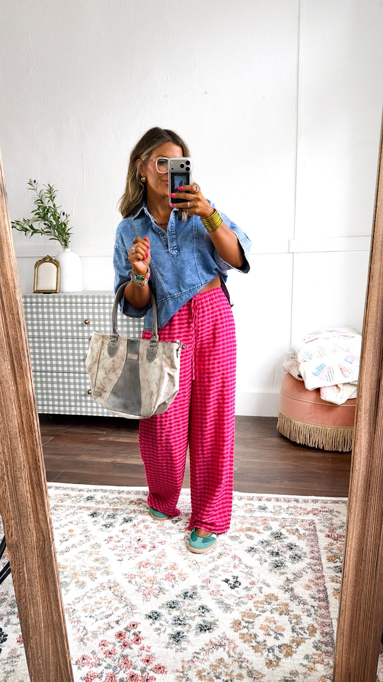 Gingham Print Drawstring Pants, Fuchsia Multi