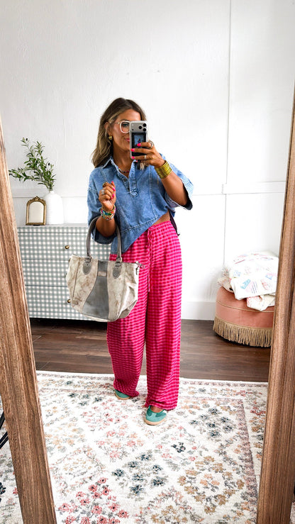 Gingham Print Drawstring Pants, Fuchsia Multi