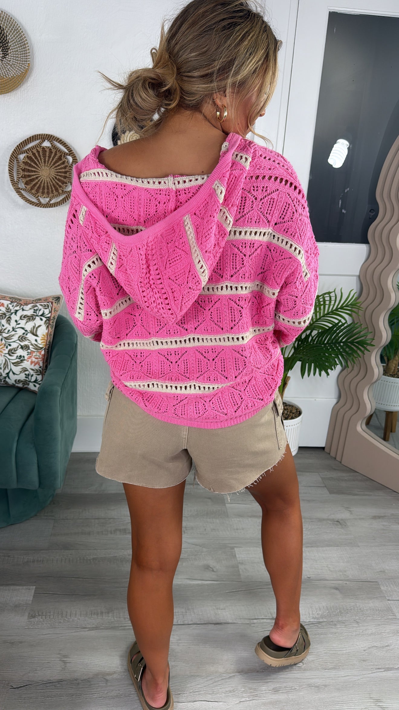 Emery Crochet Striped Sweater Hoodie, Pink