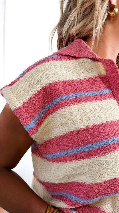 Collared Stripe Sweater Vest, Cream/Coral Red