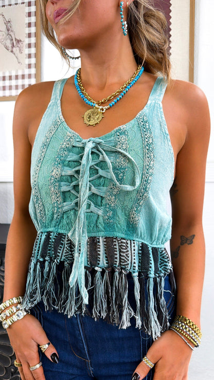 Medora Fringe Tank, Sage