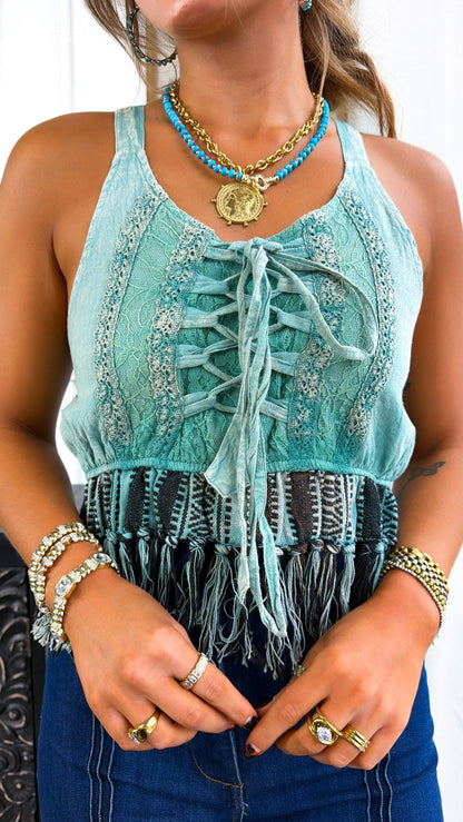 Medora Fringe Tank, Sage