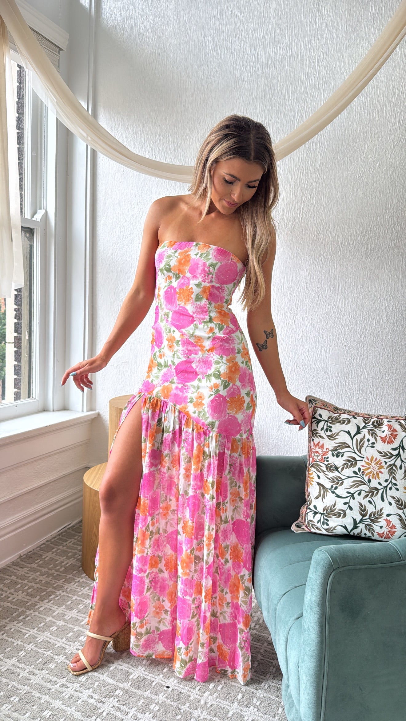 Maelis Midi Dress, Off- White & Pink