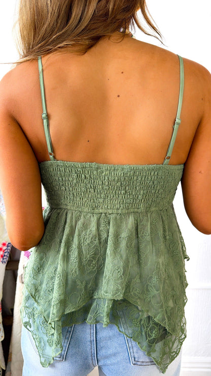 Drapey Lace Padded Tank Top, Olive