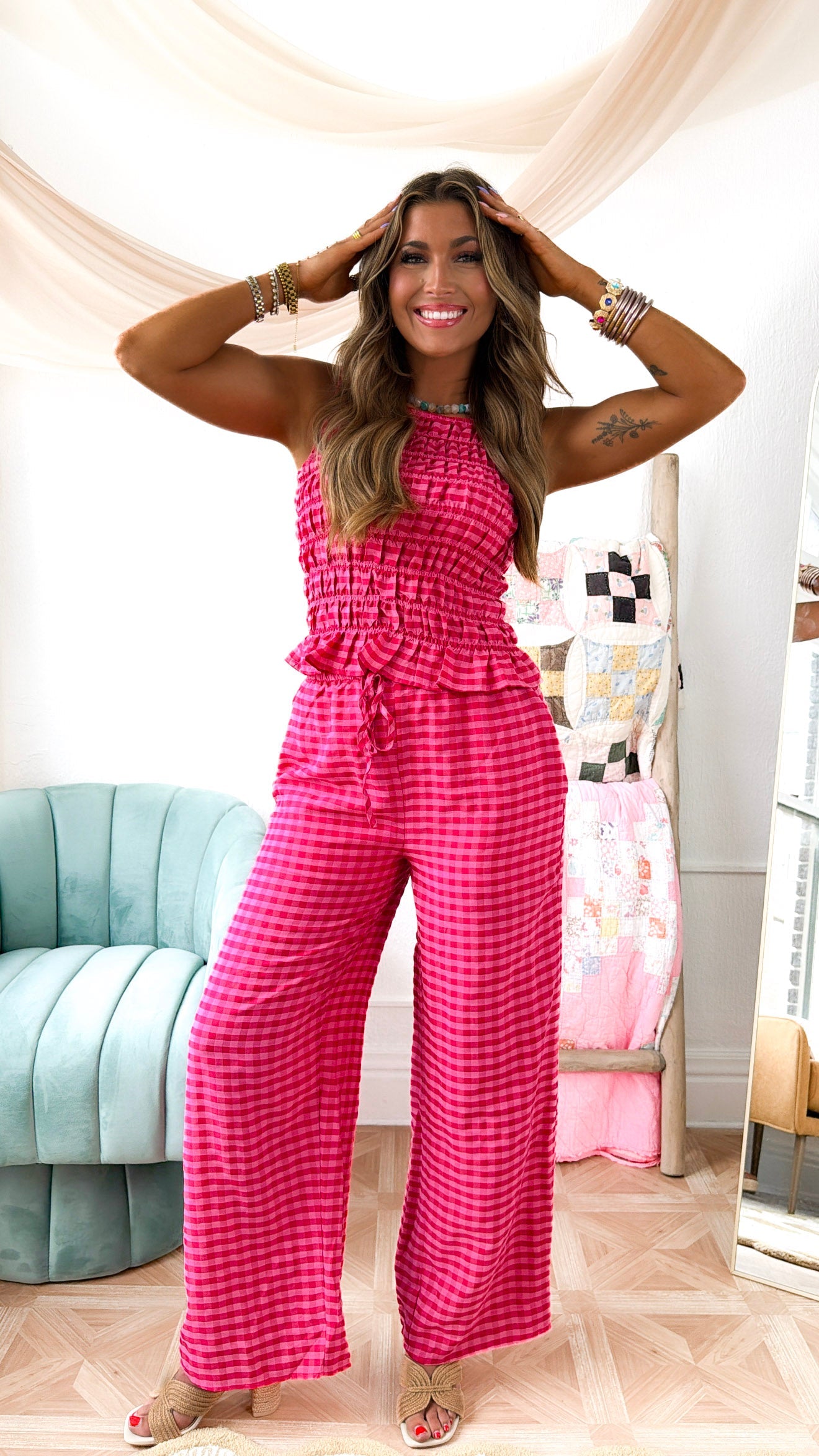 Gingham Print Drawstring Pants, Fuchsia Multi