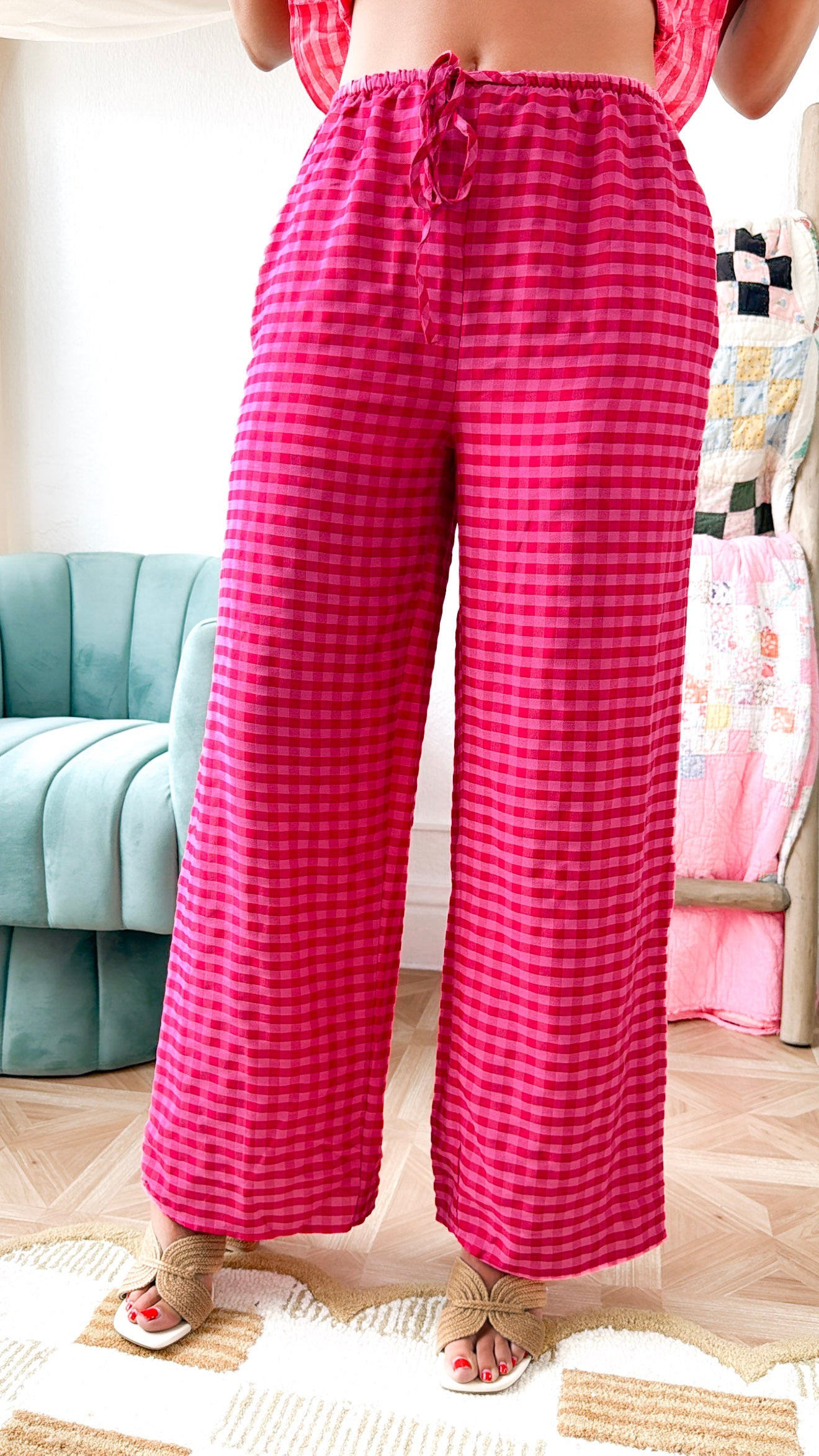 Gingham Print Drawstring Pants, Fuchsia Multi