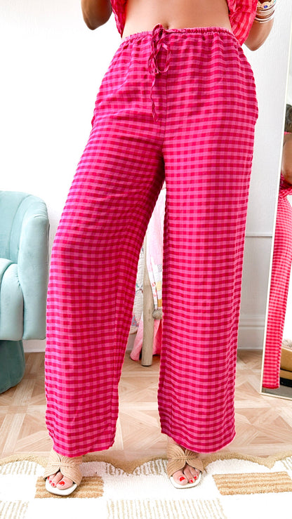 Gingham Print Drawstring Pants, Fuchsia Multi