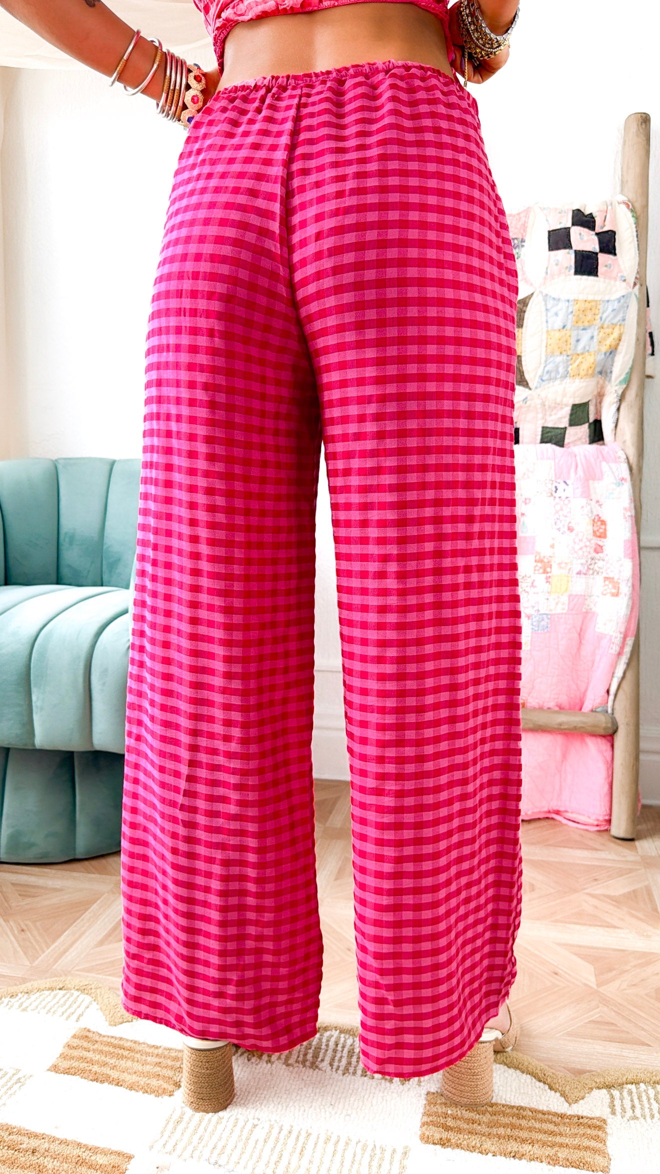 Gingham Print Drawstring Pants, Fuchsia Multi