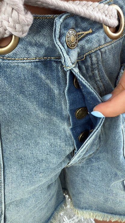 New Point Of View Braided Belt Shorts, Denim