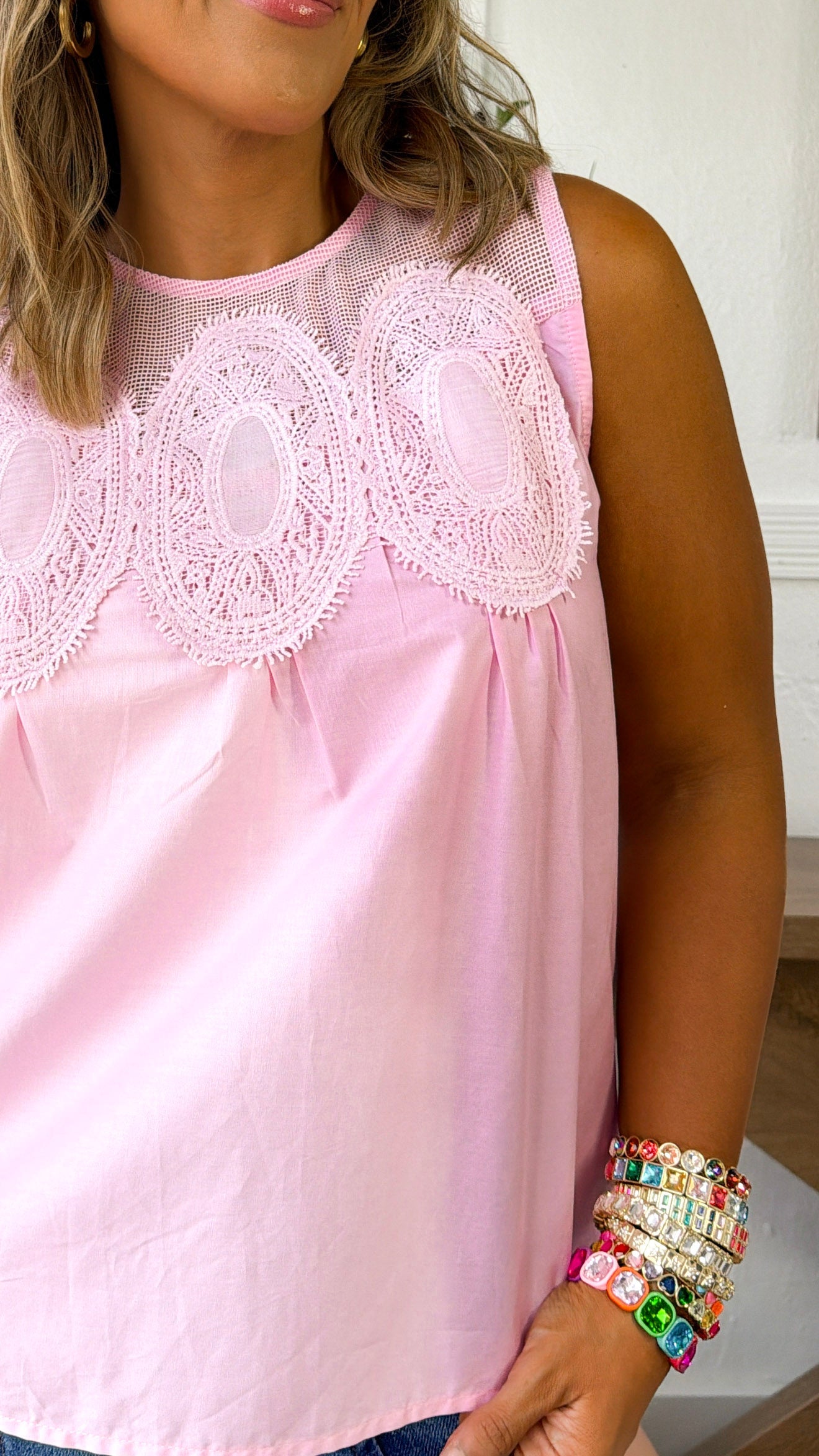 Contrasted Mesh Trimmed Top, Baby Pink