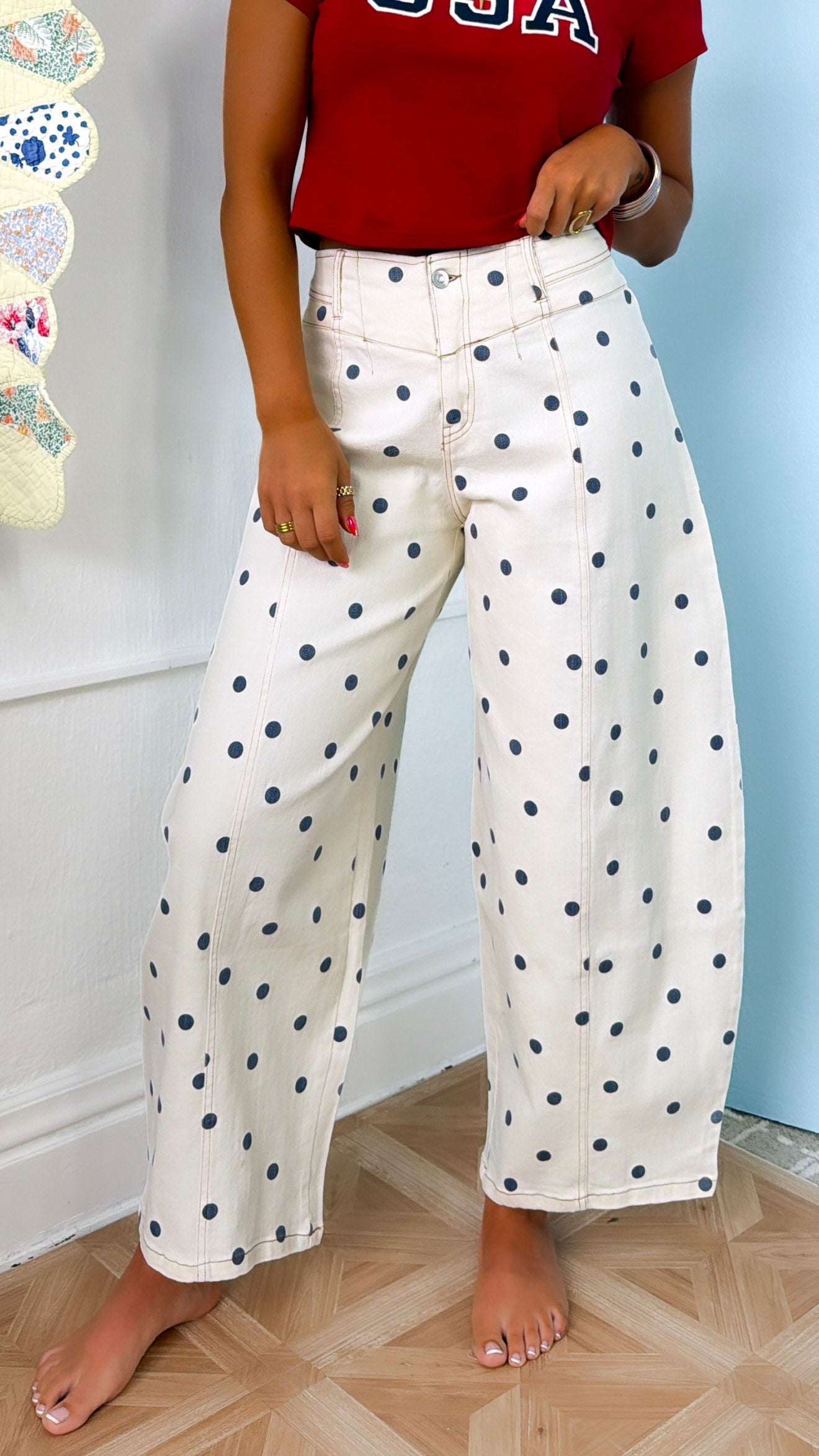 Polka Dot Twill Barrel Jeans, Cream/Navy