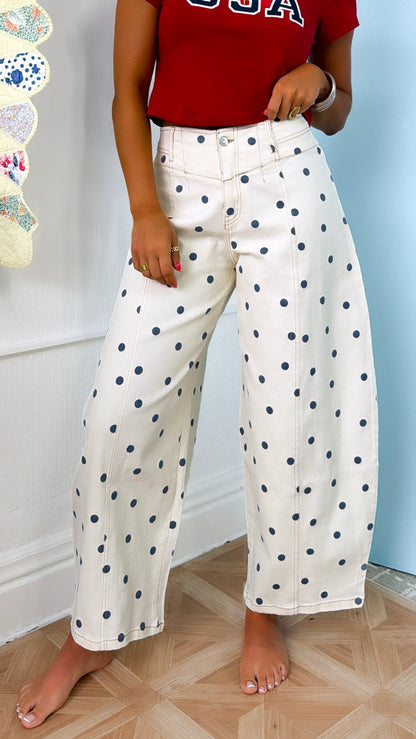 Polka Dot Twill Barrel Jeans, Cream/Navy