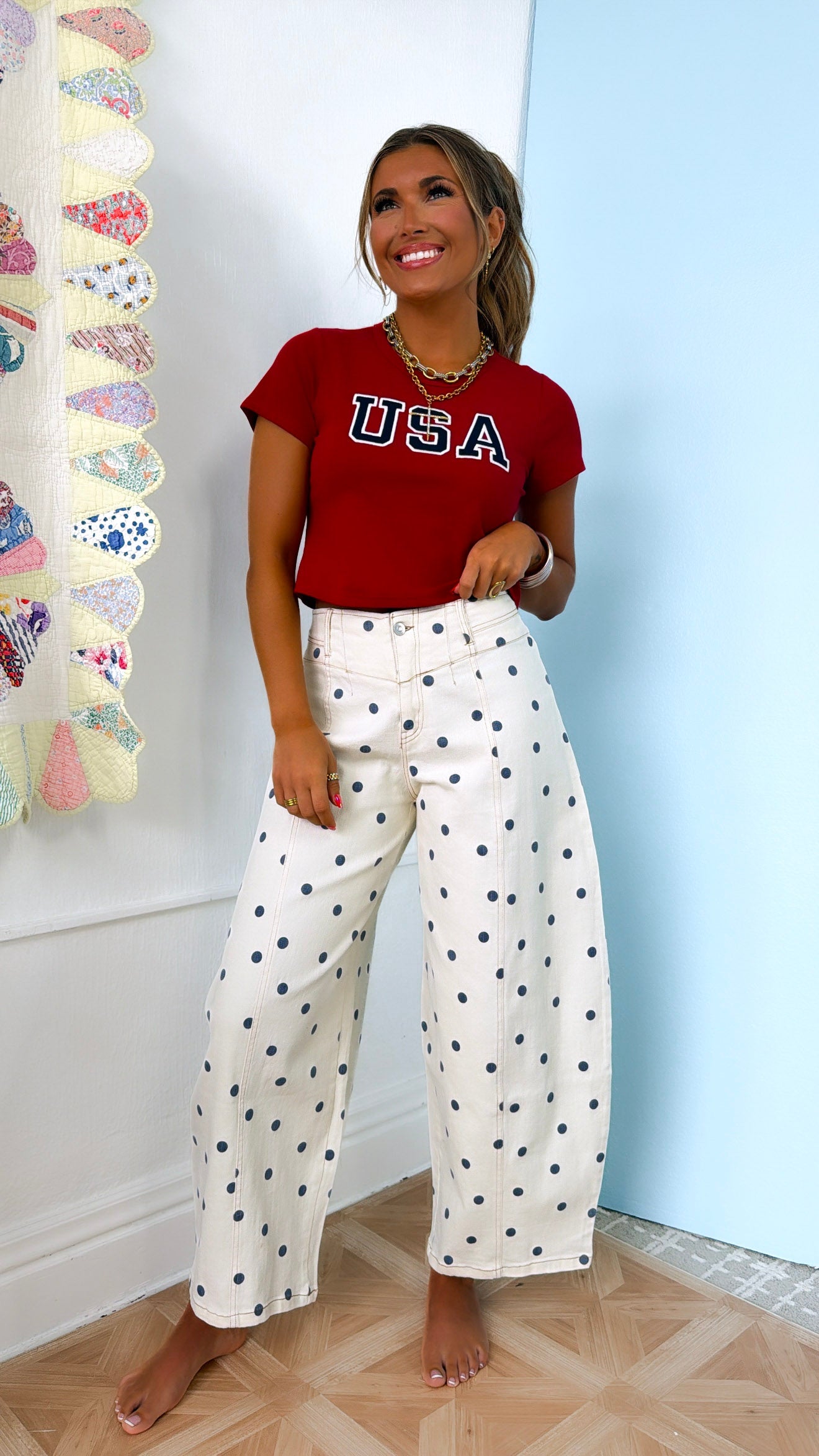 Polka Dot Twill Barrel Jeans, Cream/Navy