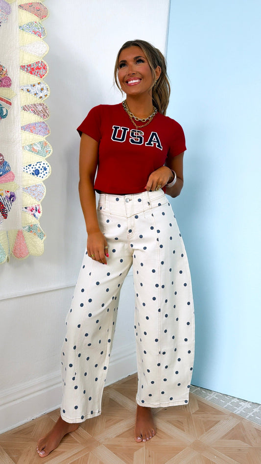 Polka Dot Twill Barrel Jeans, Cream/Navy