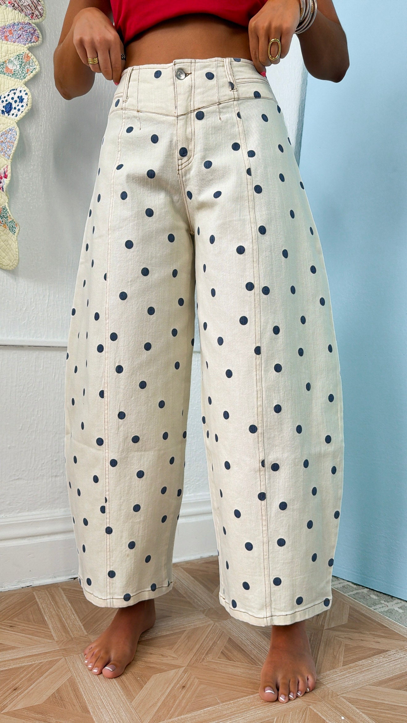 Polka Dot Twill Barrel Jeans, Cream/Navy