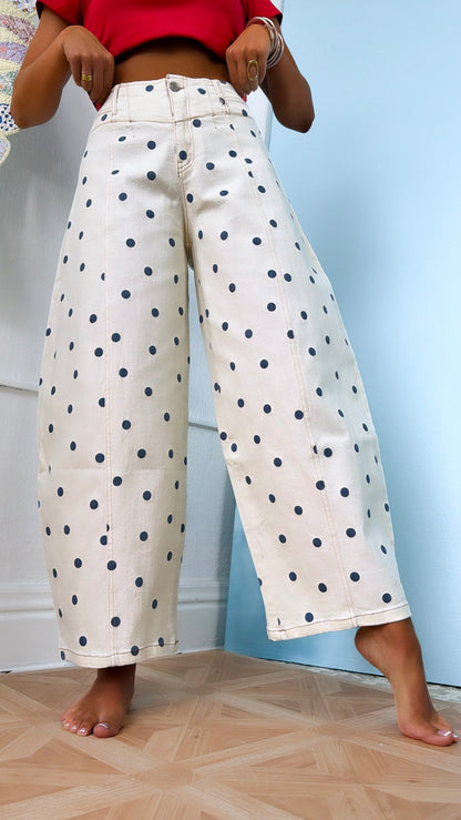 Polka Dot Twill Barrel Jeans, Cream/Navy
