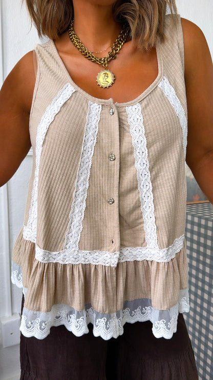 Cassia Button Tank, Wheat Beige