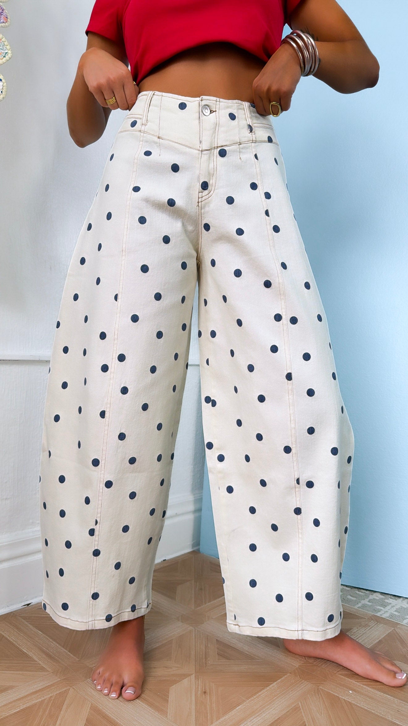 Polka Dot Twill Barrel Jeans, Cream/Navy