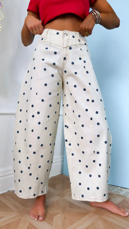 Polka Dot Twill Barrel Jeans, Cream/Navy