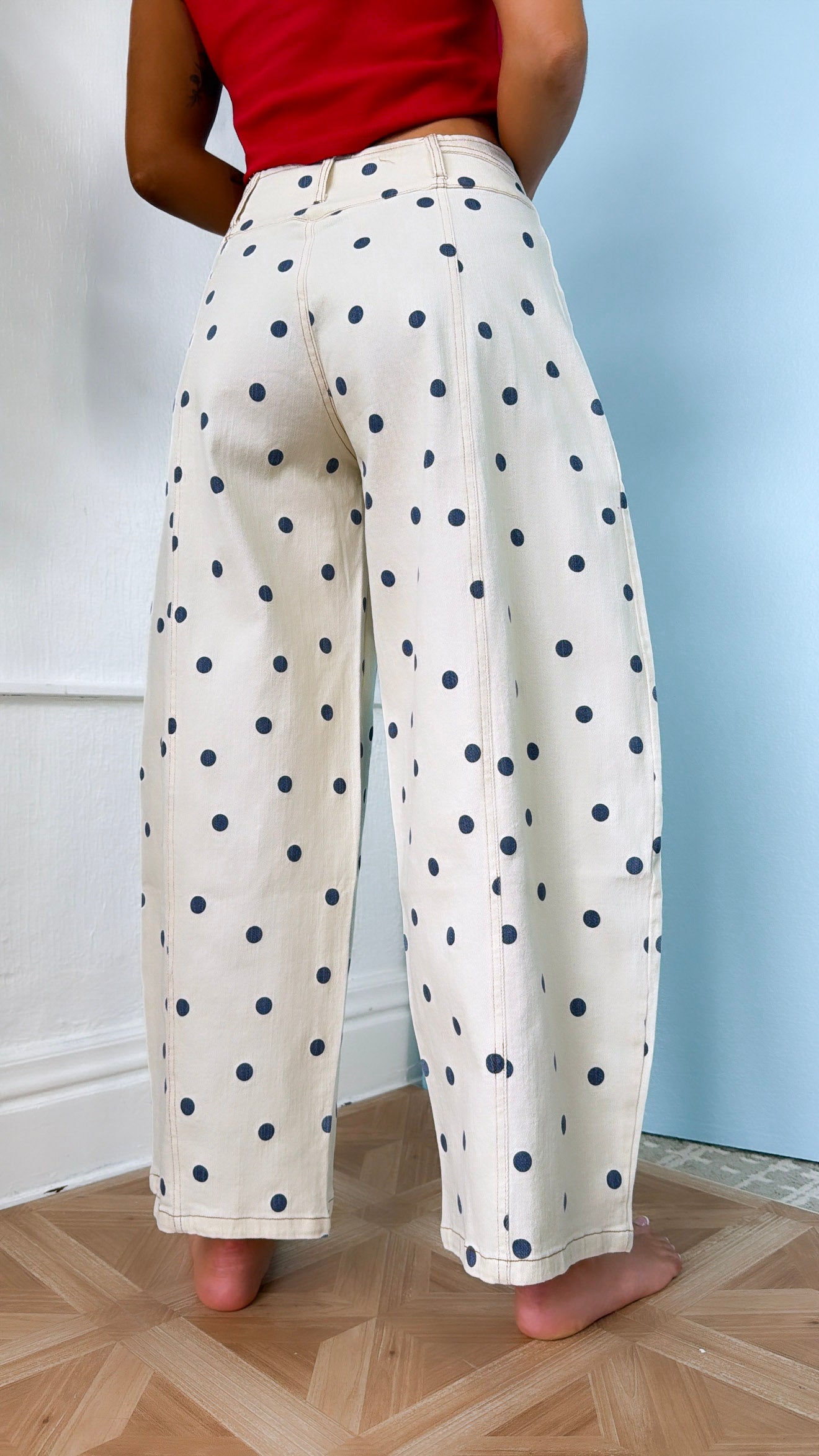 Polka Dot Twill Barrel Jeans, Cream/Navy