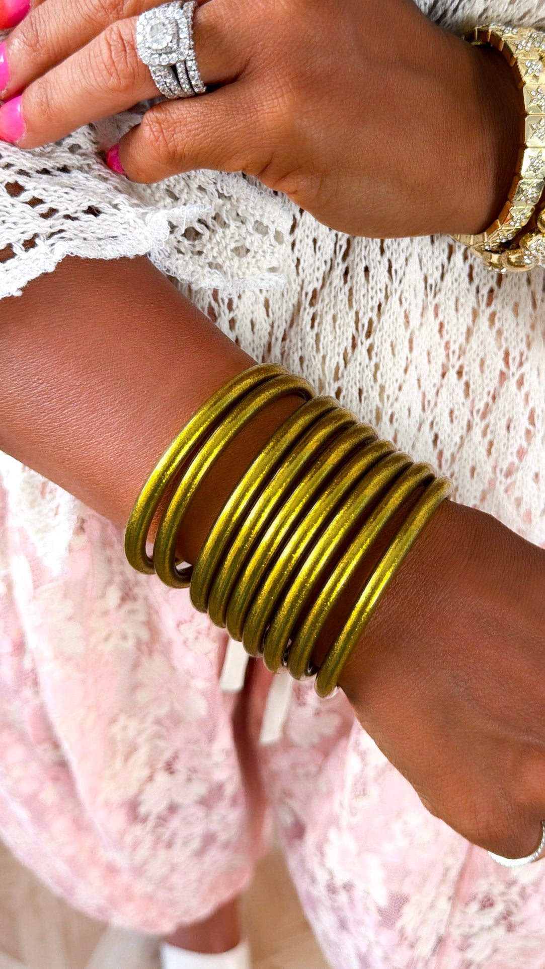 BuDhaGirl: Gold All Weather Bangle (Set of 9)- Serenity Prayer