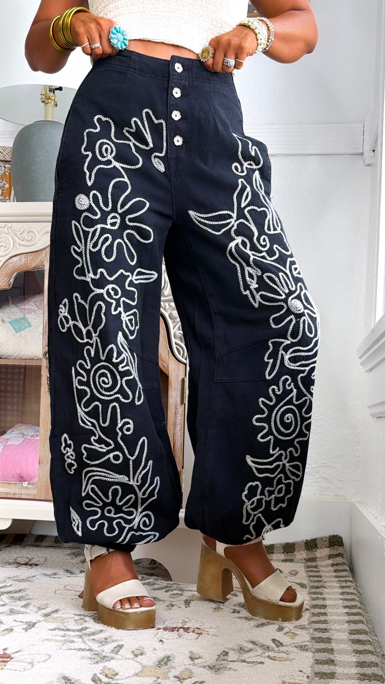 For The Love Of Floral Embroidered Denim Jogger, Black
